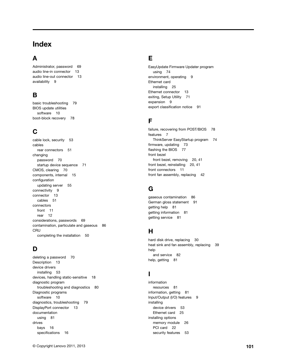 Index | Lenovo ThinkServer TS130 User Manual | Page 113 / 118
