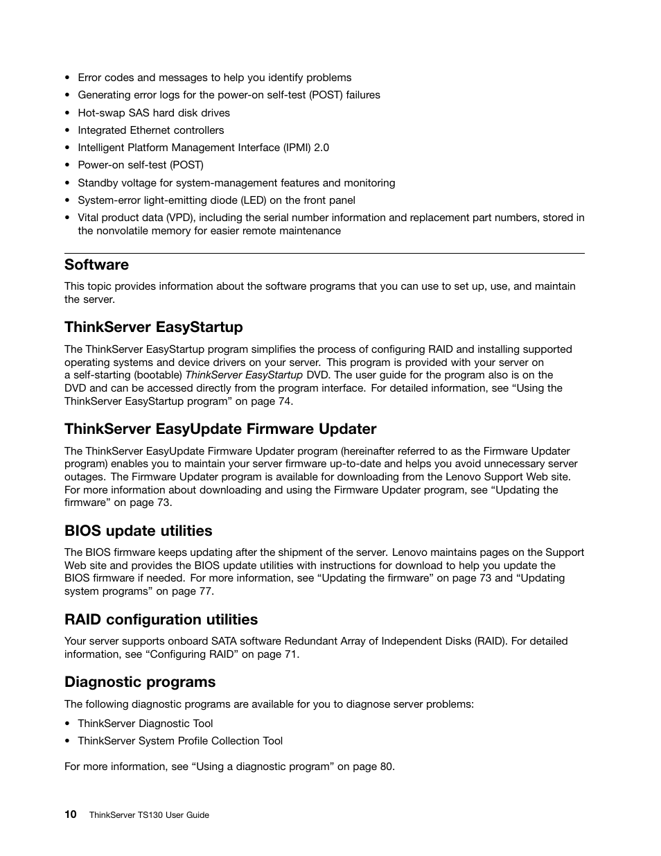 Software, Thinkserver easystartup, Thinkserver easyupdate firmware updater | Bios update utilities, Raid configuration utilities, Diagnostic programs | Lenovo ThinkServer TS130 User Manual | Page 22 / 118