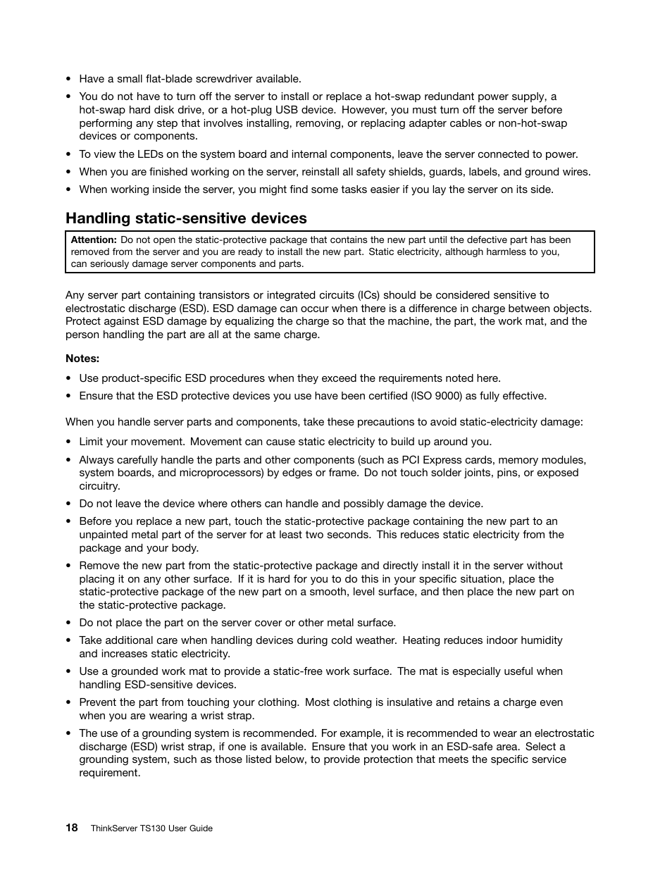 Handling static-sensitive devices | Lenovo ThinkServer TS130 User Manual | Page 30 / 118