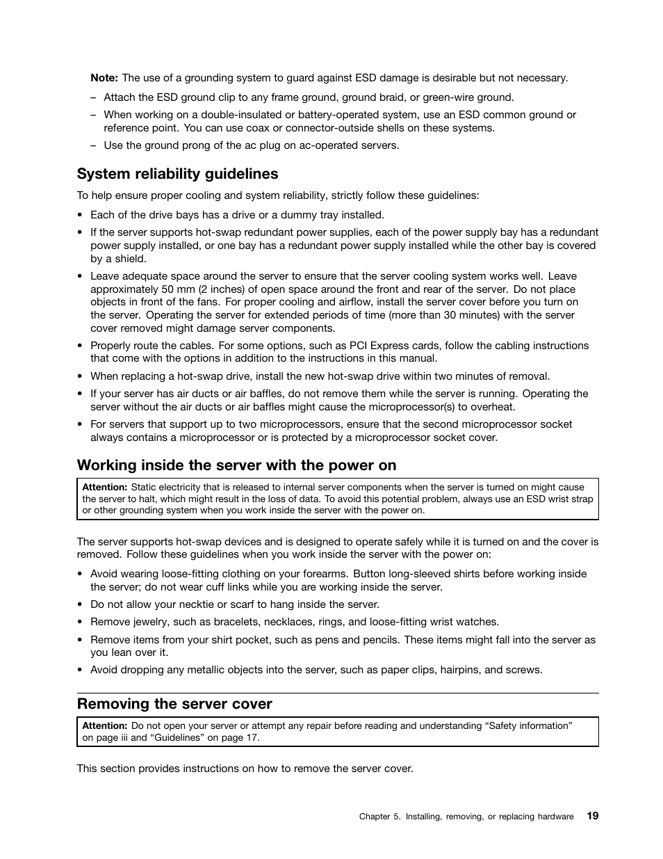 System reliability guidelines, Working inside the server with the power on, Removing the server cover | Lenovo ThinkServer TS130 User Manual | Page 31 / 118