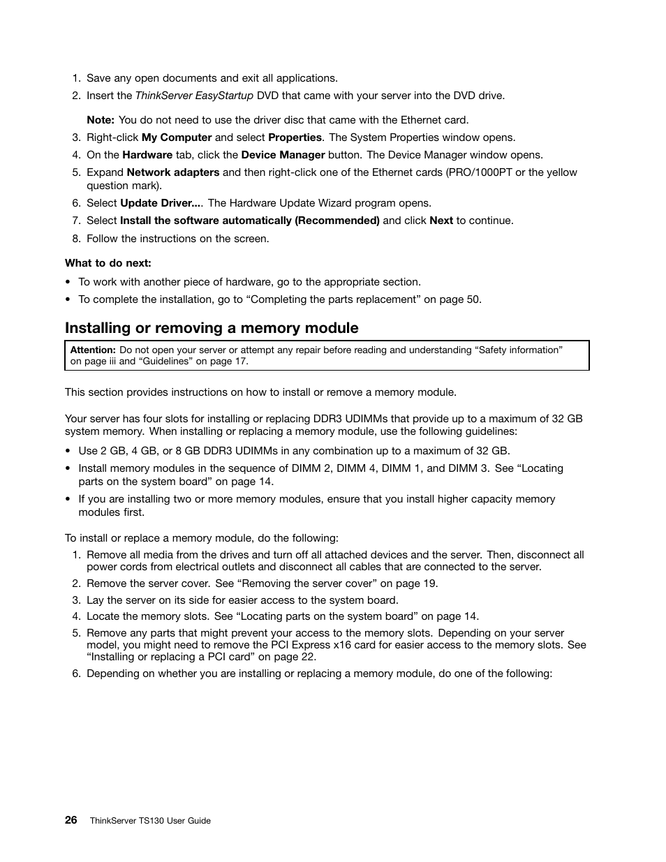 Installing or removing a memory module | Lenovo ThinkServer TS130 User Manual | Page 38 / 118