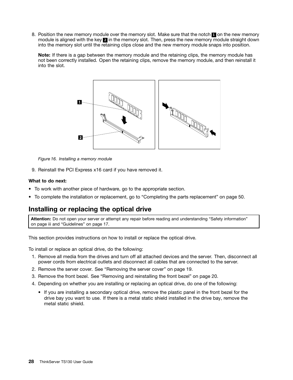 Installing or replacing the optical drive | Lenovo ThinkServer TS130 User Manual | Page 40 / 118