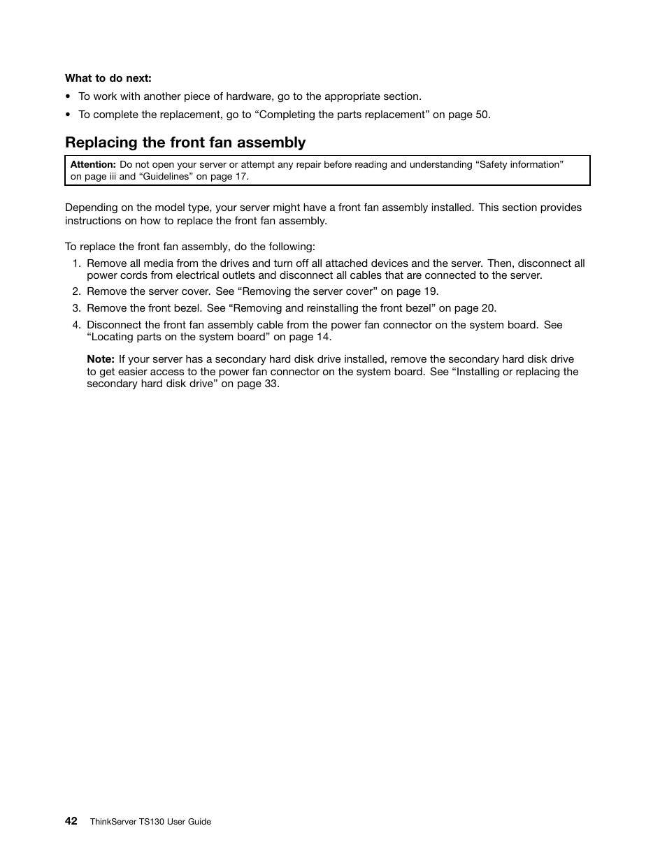 Replacing the front fan assembly | Lenovo ThinkServer TS130 User Manual | Page 54 / 118