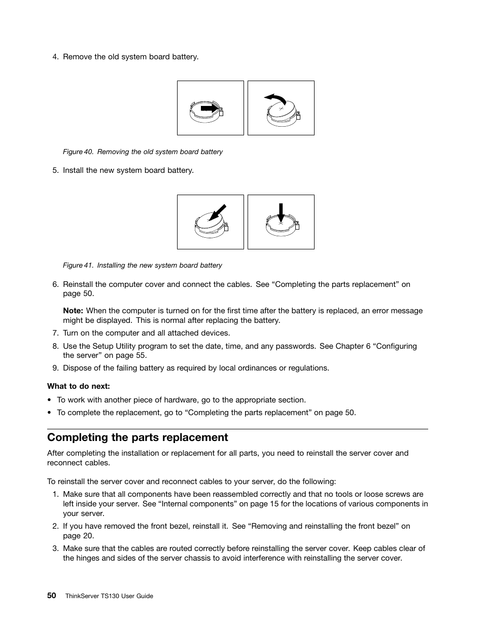 Completing the parts replacement | Lenovo ThinkServer TS130 User Manual | Page 62 / 118