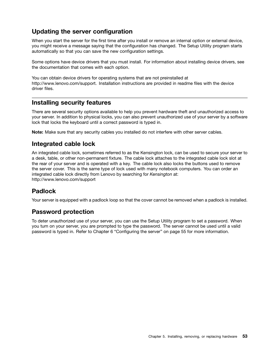 Updating the server configuration, Installing security features, Integrated cable lock | Padlock, Password protection | Lenovo ThinkServer TS130 User Manual | Page 65 / 118