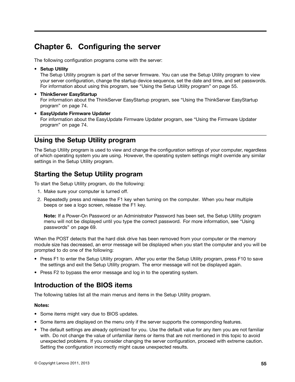 Chapter 6. configuring the server, Using the setup utility program, Starting the setup utility program | Introduction of the bios items, Chapter 6 “configuring | Lenovo ThinkServer TS130 User Manual | Page 67 / 118