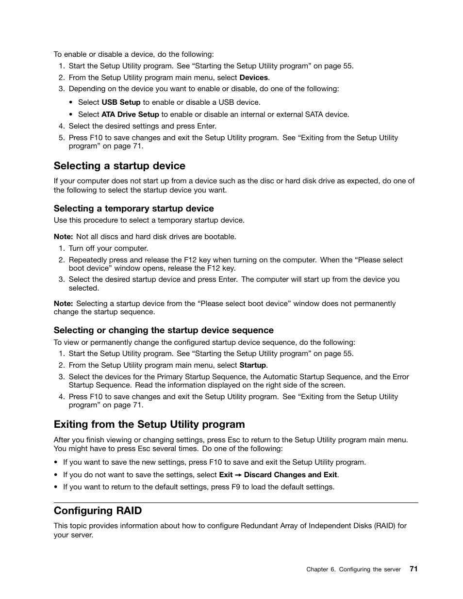 Selecting a startup device, Exiting from the setup utility program, Configuring raid | Lenovo ThinkServer TS130 User Manual | Page 83 / 118