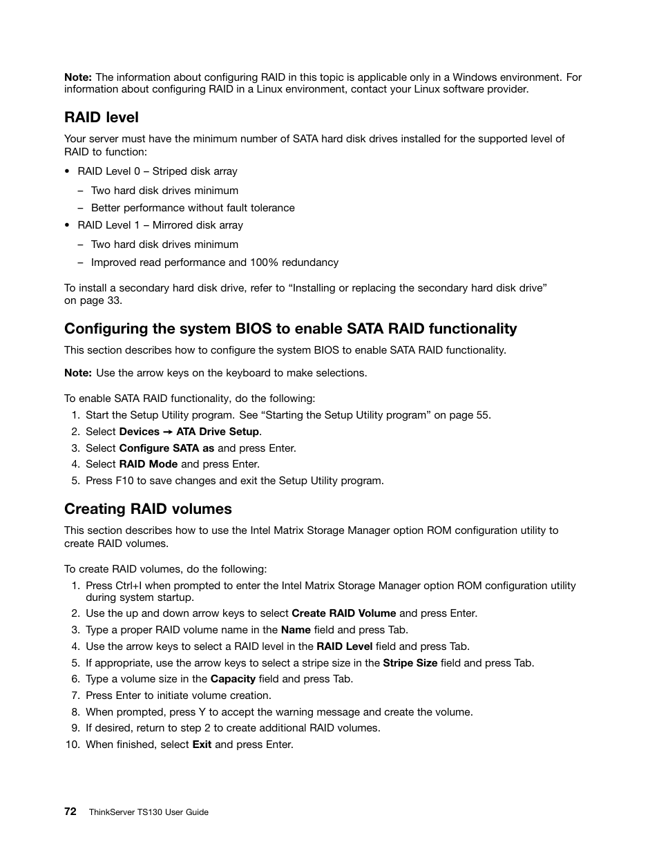 Raid level, Creating raid volumes | Lenovo ThinkServer TS130 User Manual | Page 84 / 118