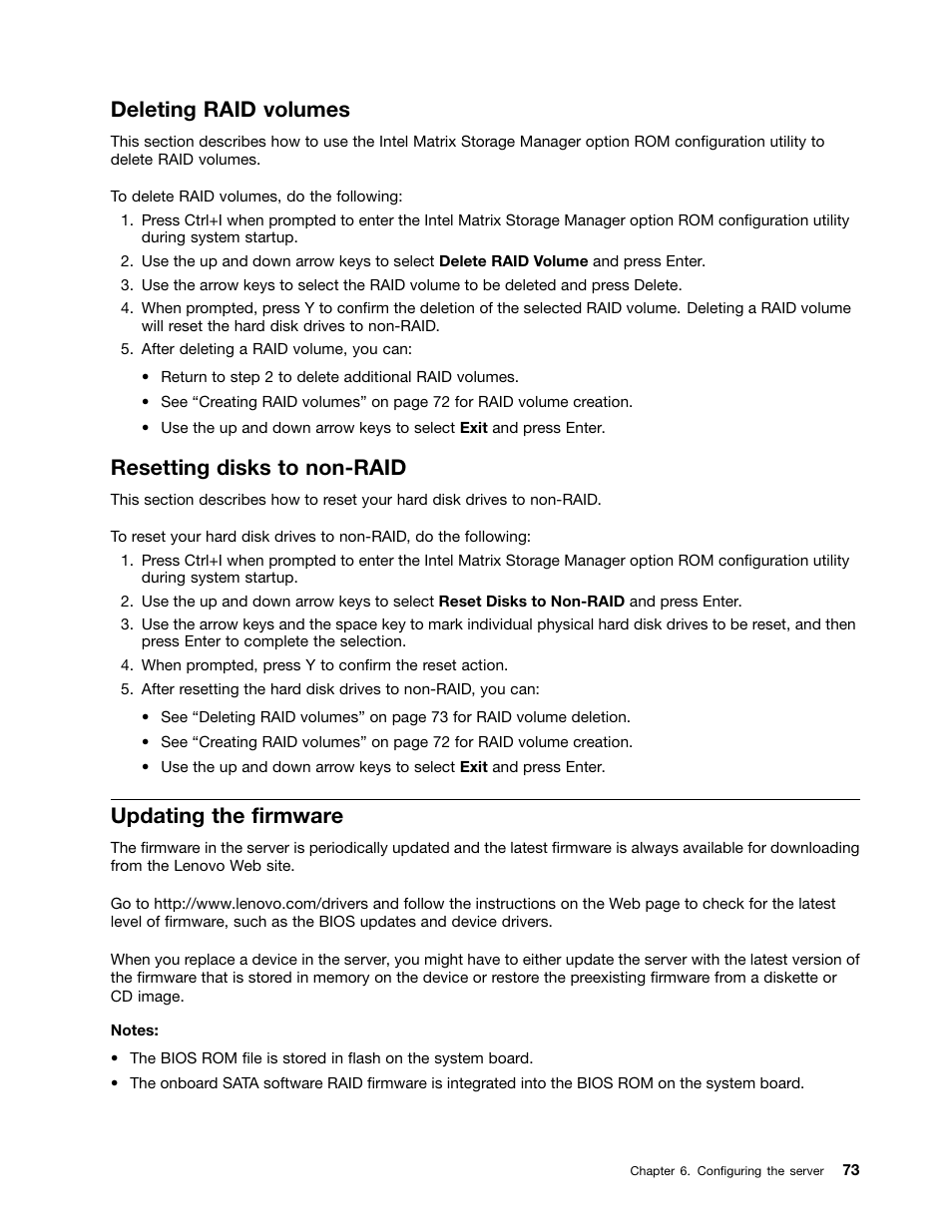 Deleting raid volumes, Resetting disks to non-raid, Updating the firmware | Lenovo ThinkServer TS130 User Manual | Page 85 / 118