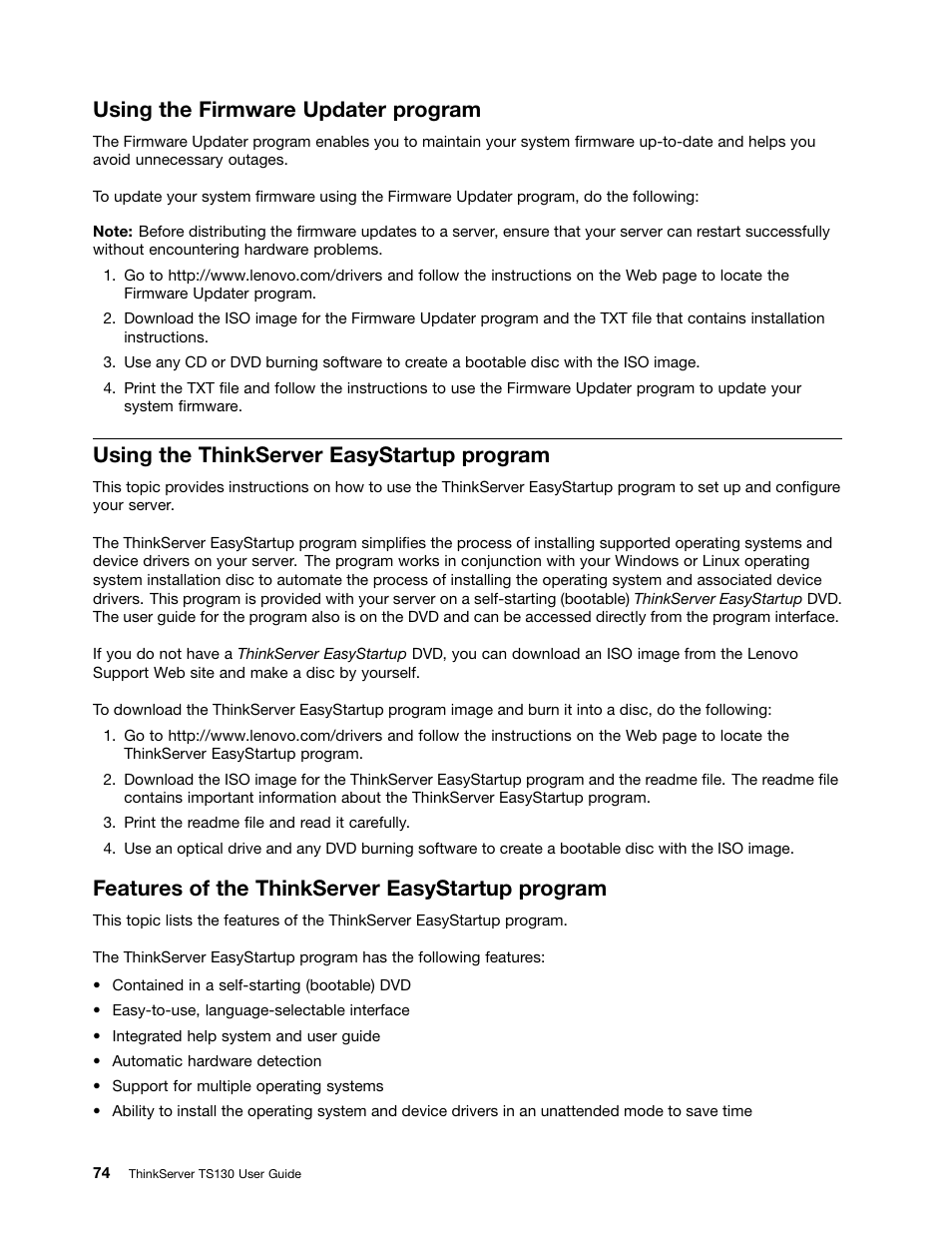 Using the firmware updater program, Using the thinkserver easystartup program, Features of the thinkserver easystartup program | Lenovo ThinkServer TS130 User Manual | Page 86 / 118