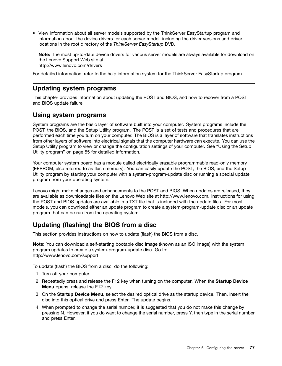 Updating system programs, Using system programs, Updating (flashing) the bios from a disc | Lenovo ThinkServer TS130 User Manual | Page 89 / 118