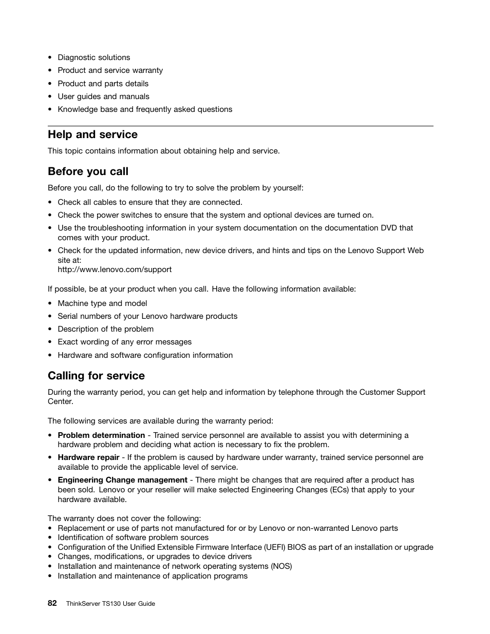 Help and service, Before you call, Calling for service | Lenovo ThinkServer TS130 User Manual | Page 94 / 118