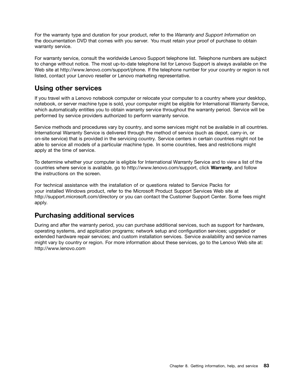 Using other services, Purchasing additional services | Lenovo ThinkServer TS130 User Manual | Page 95 / 118