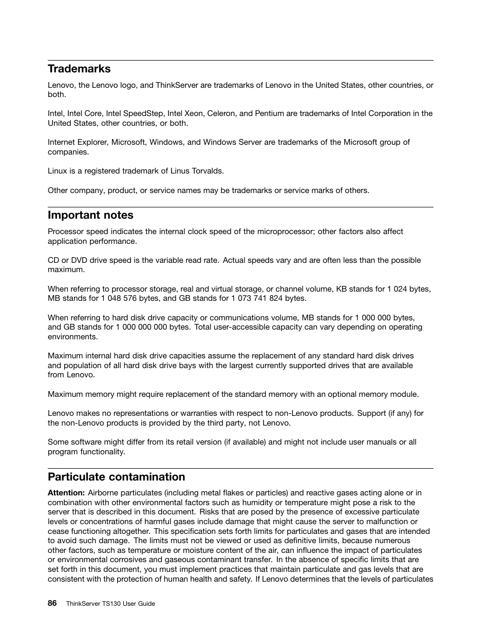 Trademarks, Important notes, Particulate contamination | Lenovo ThinkServer TS130 User Manual | Page 98 / 118