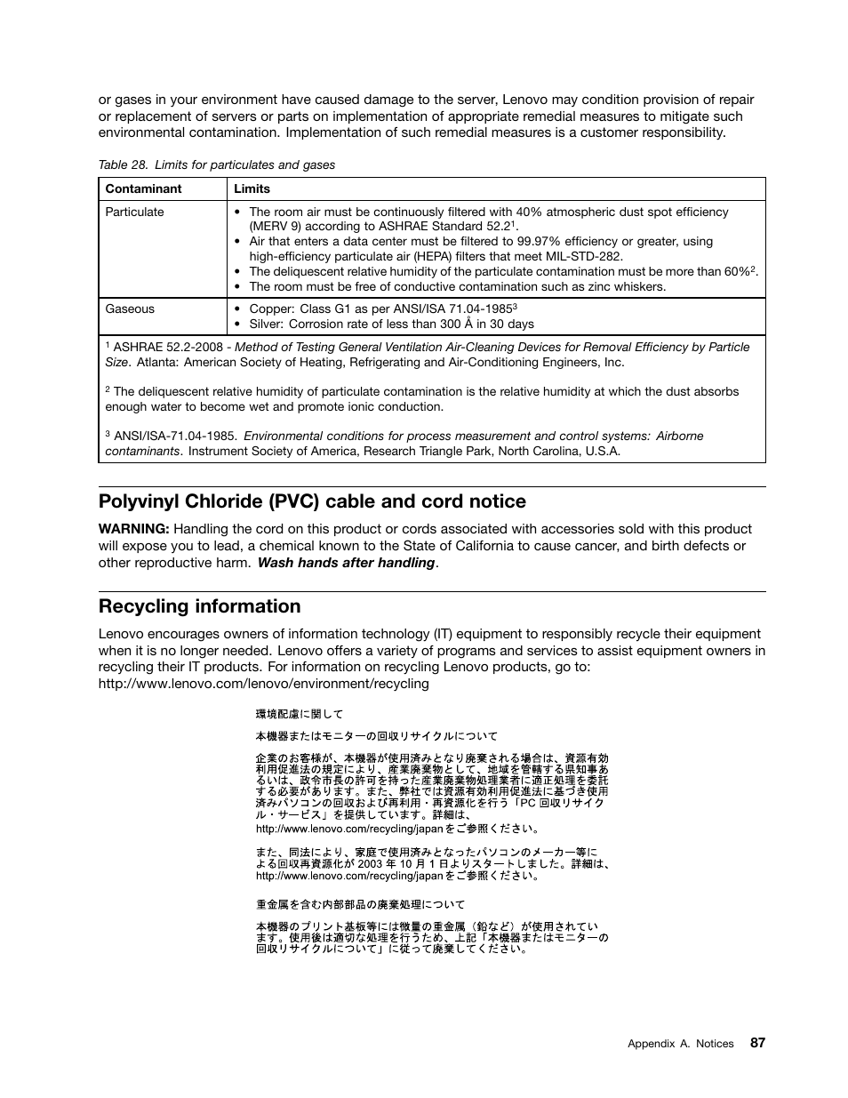 Polyvinyl chloride (pvc) cable and cord notice, Recycling information | Lenovo ThinkServer TS130 User Manual | Page 99 / 118