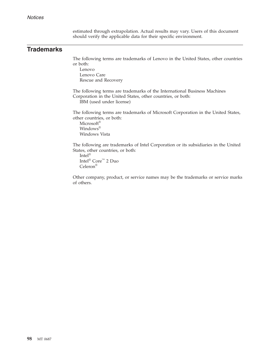 Trademarks | Lenovo 3000 N200 Notebook User Manual | Page 105 / 107