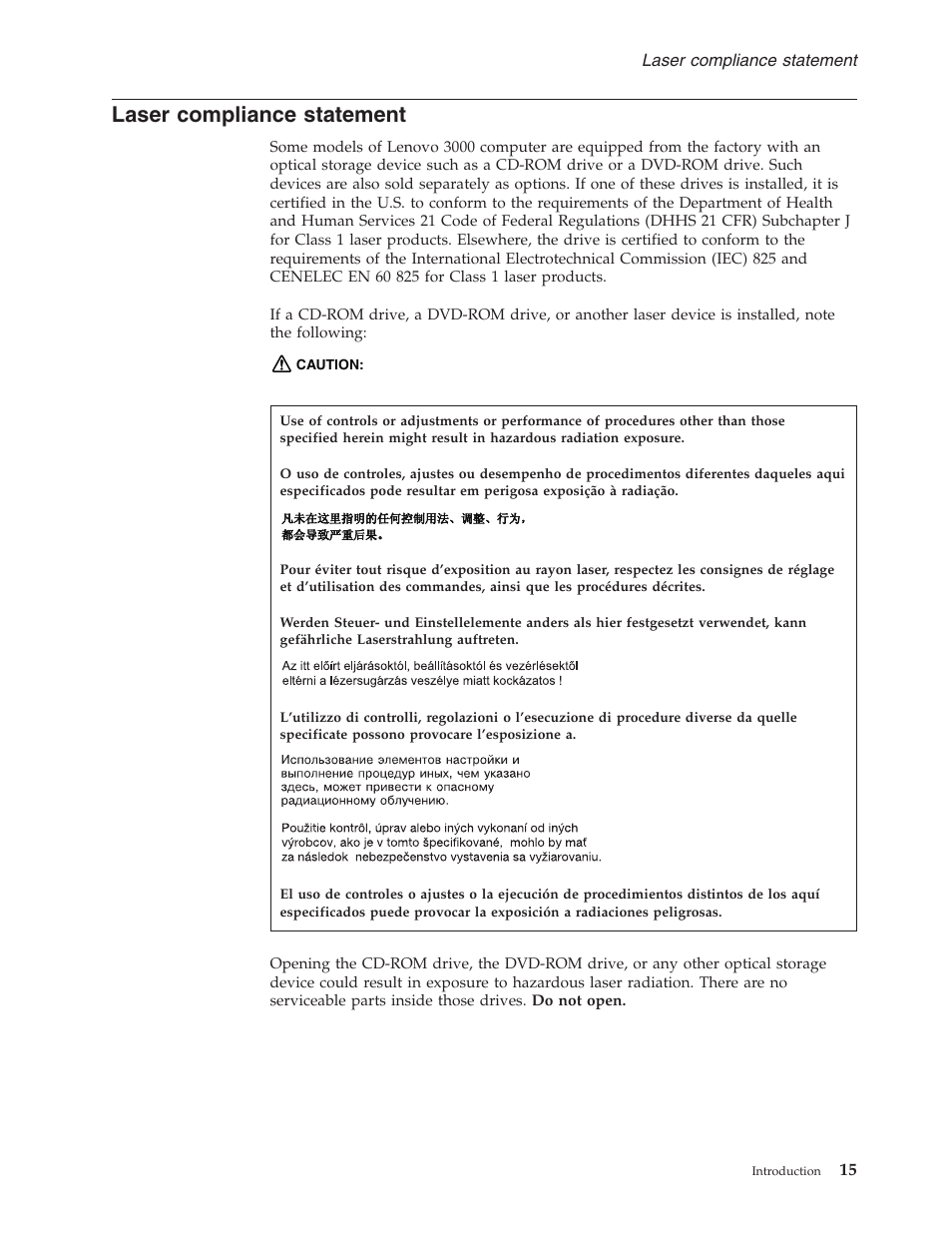 Laser compliance statement, Laser, Compliance | Statement | Lenovo 3000 N200 Notebook User Manual | Page 21 / 107