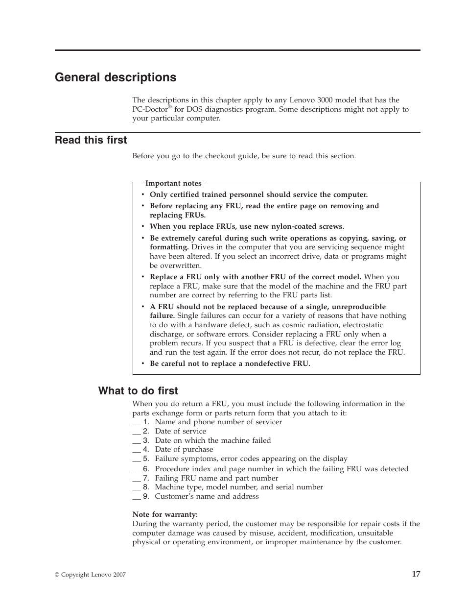 General descriptions, Read this first, What to do first | General, Descriptions, Read, This, First, What | Lenovo 3000 N200 Notebook User Manual | Page 23 / 107