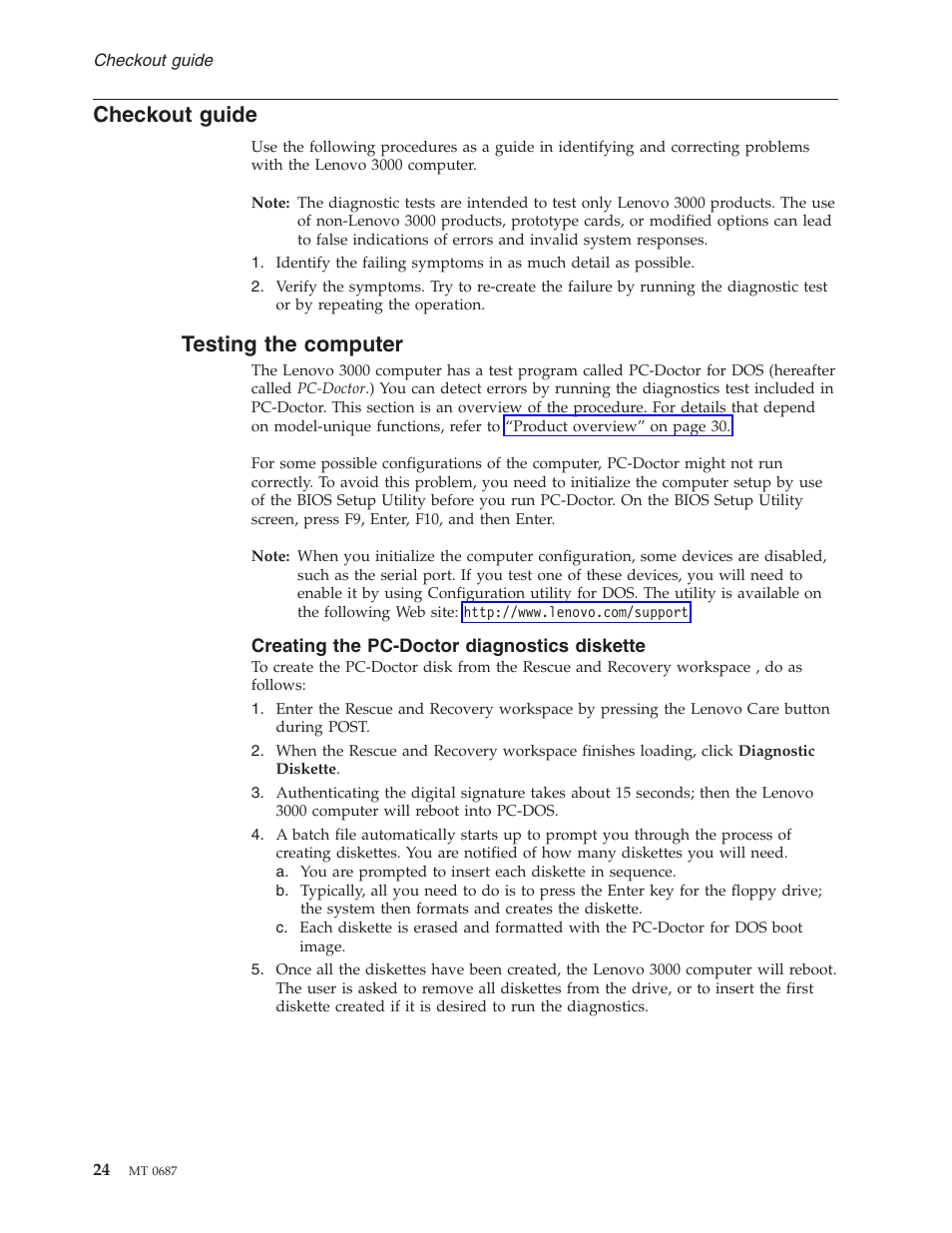 Checkout guide, Testing the computer, Creating the pc-doctor diagnostics diskette | Checkout, Guide, Testing, Computer | Lenovo 3000 N200 Notebook User Manual | Page 30 / 107