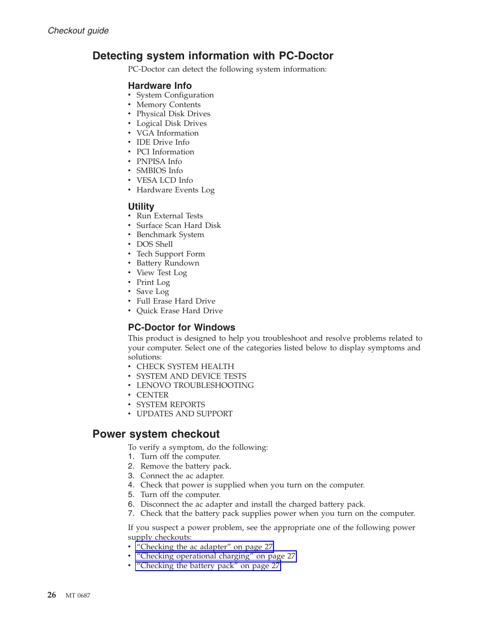 Detecting system information with pc-doctor, Hardware info, Utility | Pc-doctor for windows, Power system checkout, Detecting, System, Information, With, Pc-doctor | Lenovo 3000 N200 Notebook User Manual | Page 32 / 107