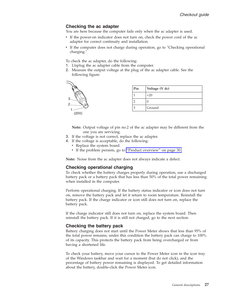 Checking the ac adapter, Checking operational charging, Checking the battery pack | Checking, Adapter, Operational, Charging, Battery, Pack | Lenovo 3000 N200 Notebook User Manual | Page 33 / 107