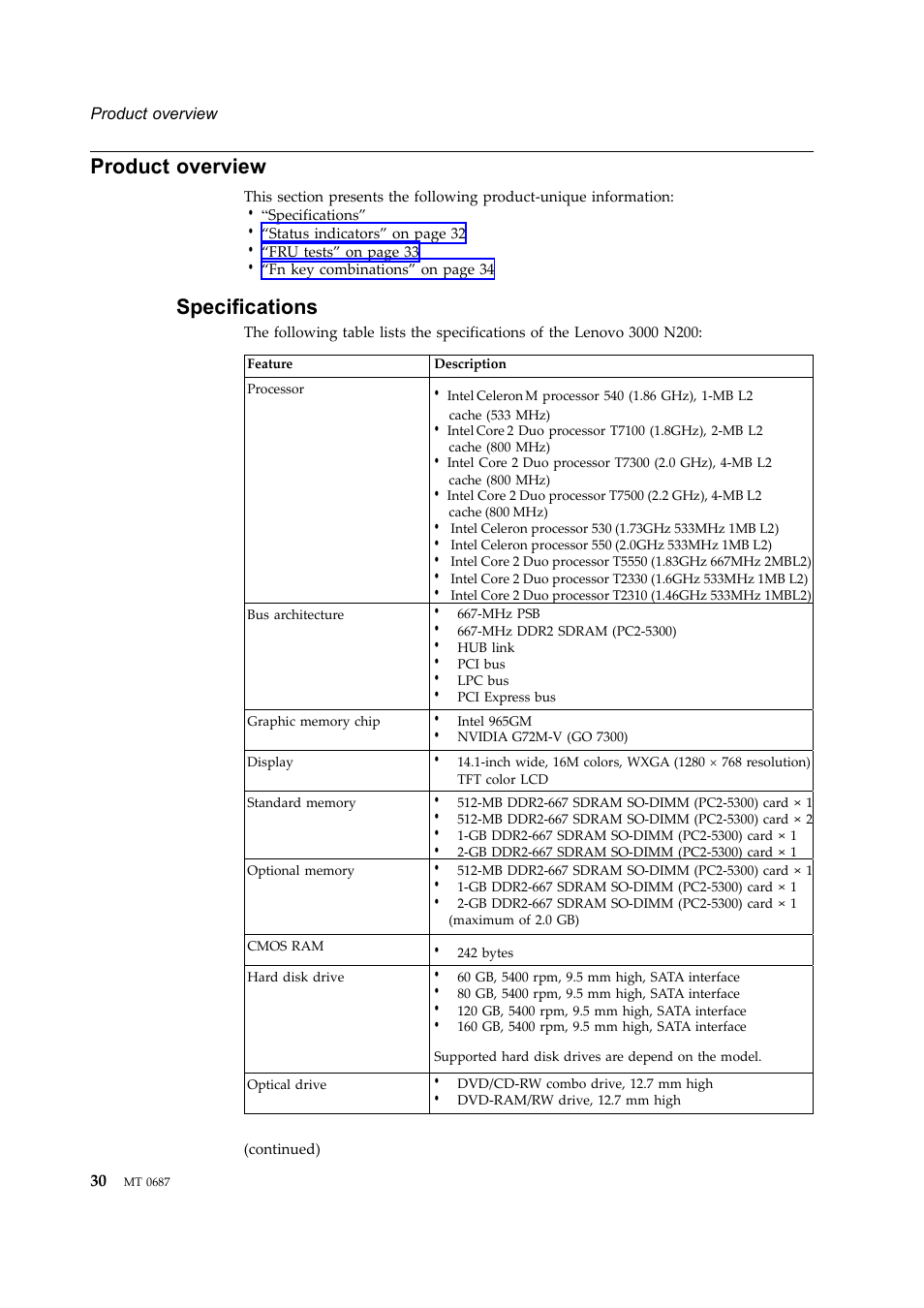 Product overview, Specifications | Lenovo 3000 N200 Notebook User Manual | Page 36 / 107