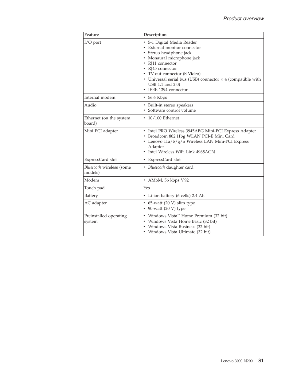 Product, Overview | Lenovo 3000 N200 Notebook User Manual | Page 37 / 107