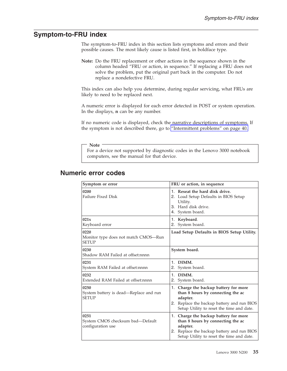 Symptom-to-fru index, Numeric error codes, Symptom-to-fru | Index, Numeric, Error, Codes | Lenovo 3000 N200 Notebook User Manual | Page 41 / 107