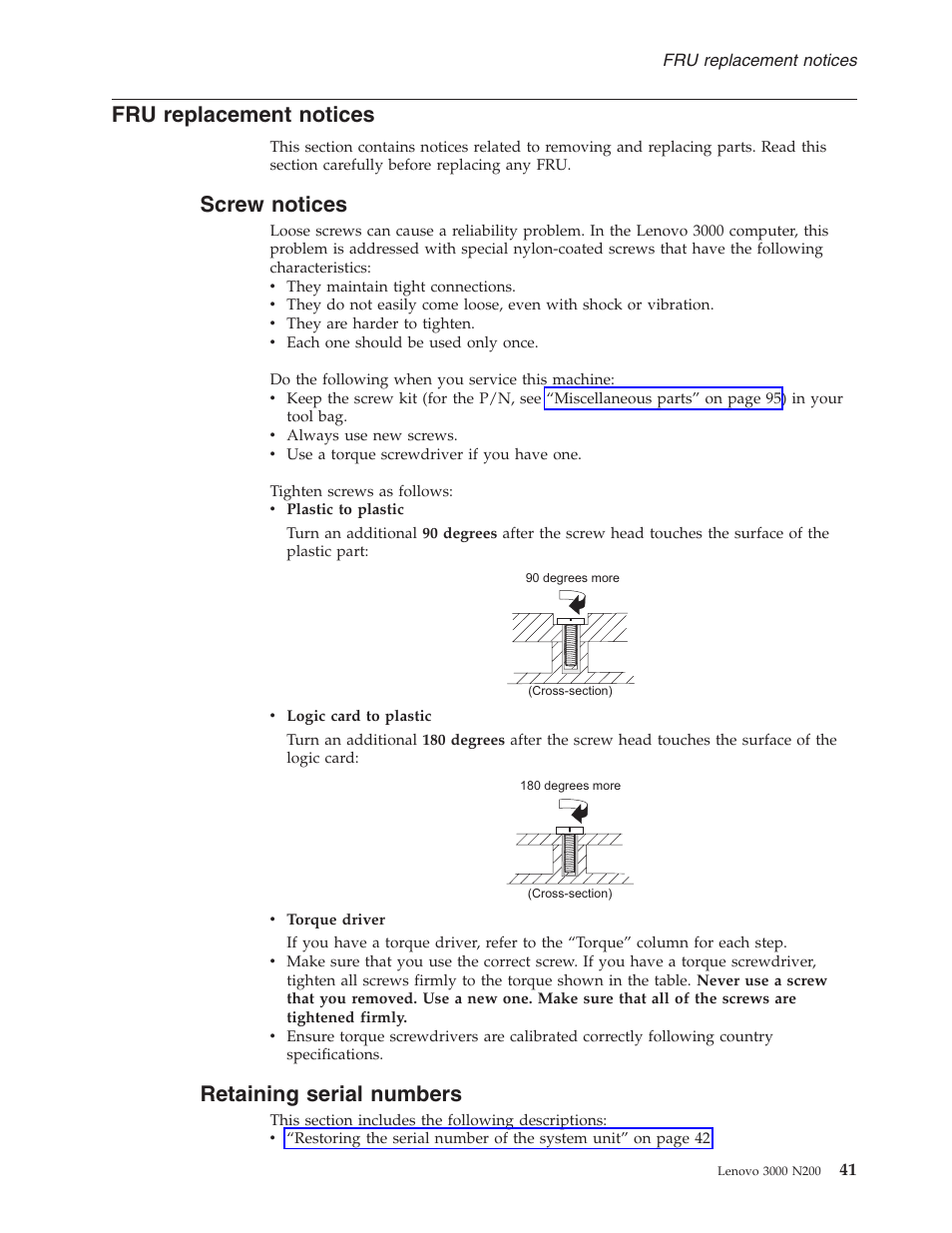 Fru replacement notices, Screw notices, Retaining serial numbers | Replacement, Notices, Screw, Retaining, Serial, Numbers | Lenovo 3000 N200 Notebook User Manual | Page 47 / 107