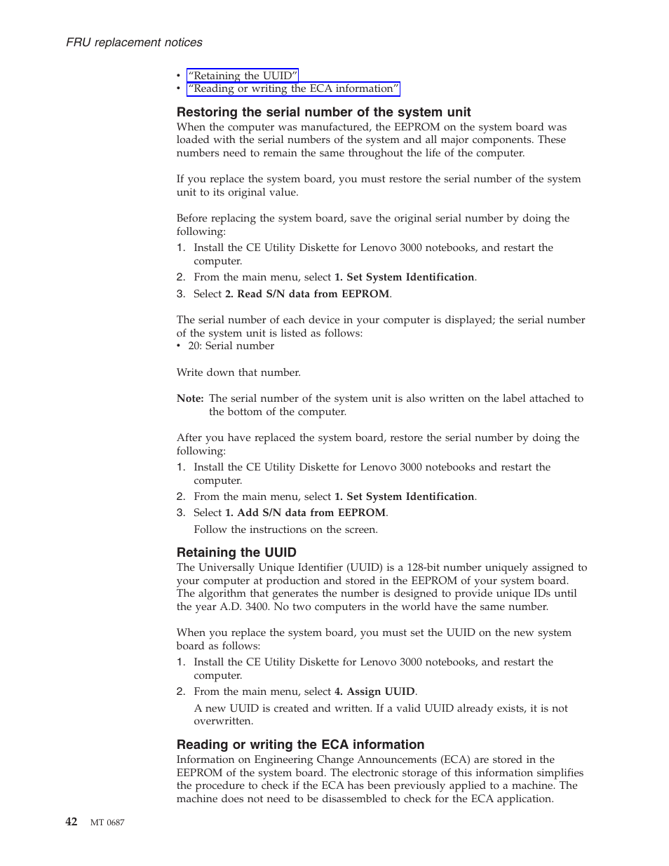 Restoring the serial number of the system unit, Retaining the uuid, Reading or writing the eca information | Restoring, Serial, Number, System, Unit, Retaining, Uuid | Lenovo 3000 N200 Notebook User Manual | Page 48 / 107