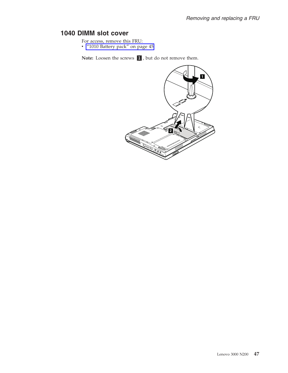 1040 dimm slot cover, Dimm, Slot | Cover | Lenovo 3000 N200 Notebook User Manual | Page 53 / 107