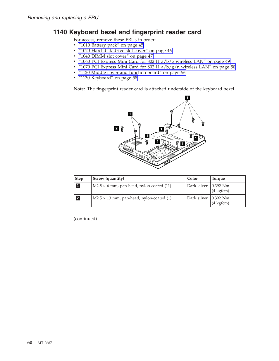 1140 keyboard bezel and fingerprint reader card, Keyboard, Bezel | Fingerprint, Reader, Card | Lenovo 3000 N200 Notebook User Manual | Page 66 / 107