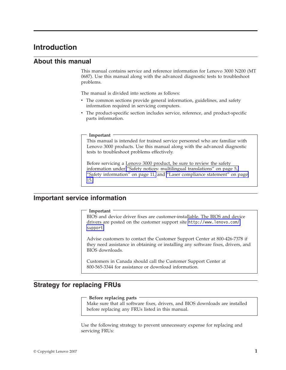 Introduction, About this manual, Important service information | Strategy for replacing frus, About, This, Manual, Important, Service, Information | Lenovo 3000 N200 Notebook User Manual | Page 7 / 107