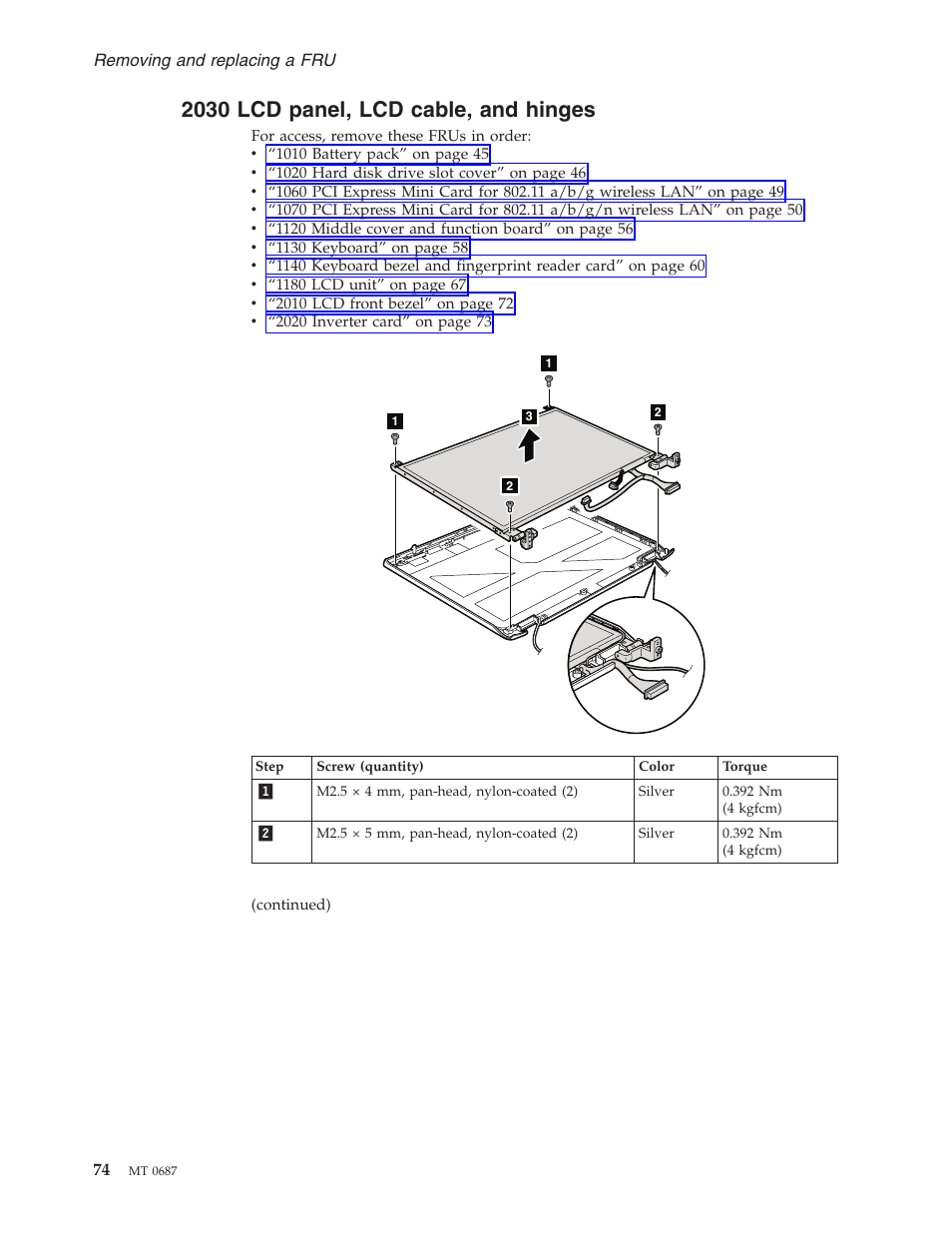 2030 lcd panel, lcd cable, and hinges, Panel, Cable | Hinges | Lenovo 3000 N200 Notebook User Manual | Page 80 / 107