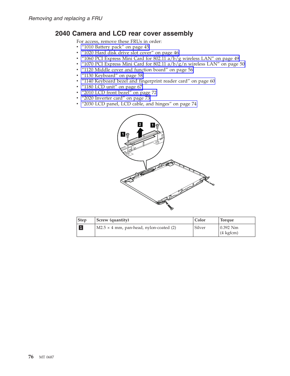 2040 camera and lcd rear cover assembly, Camera, Rear | Cover, Assembly | Lenovo 3000 N200 Notebook User Manual | Page 82 / 107