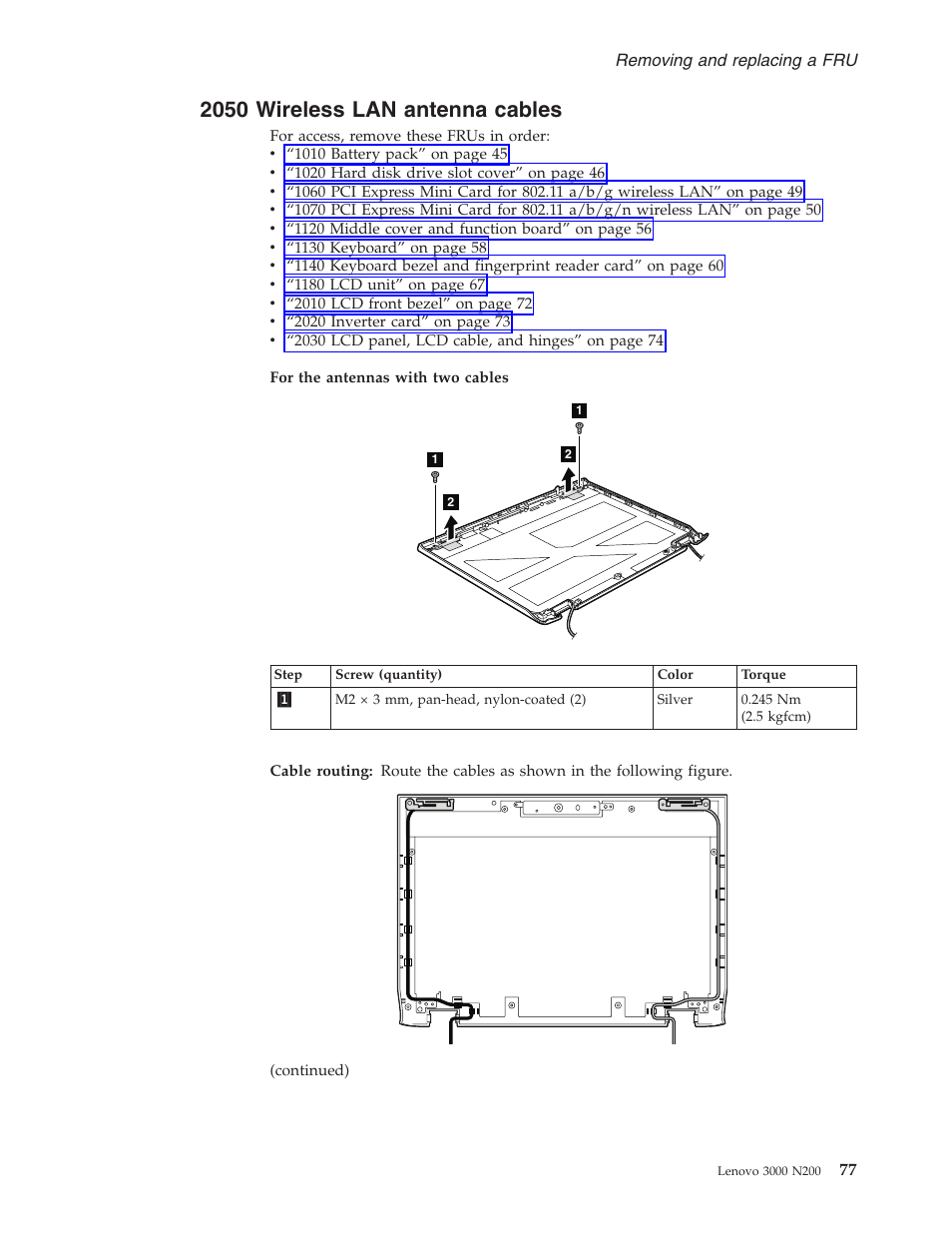 2050 wireless lan antenna cables, Wireless, Antenna | Cables | Lenovo 3000 N200 Notebook User Manual | Page 83 / 107