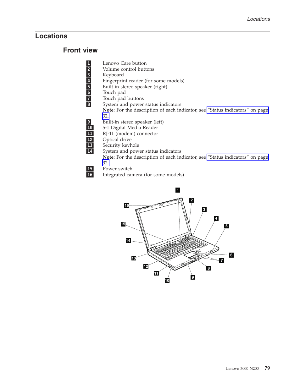 Locations, Front view, Front | View | Lenovo 3000 N200 Notebook User Manual | Page 85 / 107