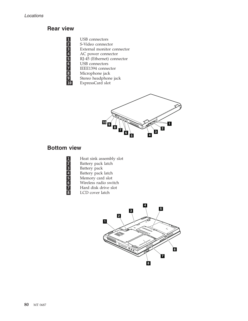 Rear view, Bottom view, Rear | View, Bottom | Lenovo 3000 N200 Notebook User Manual | Page 86 / 107