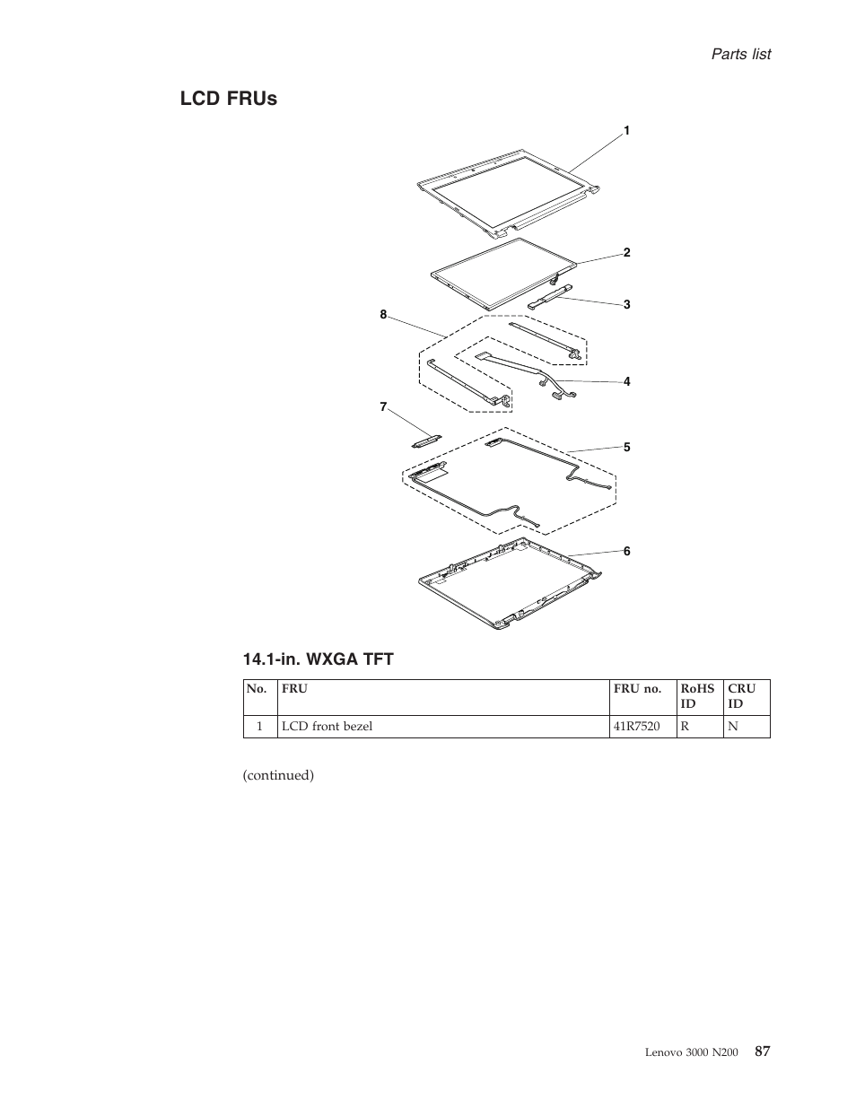 Lcd frus, In. wxga tft, Frus | Wxga | Lenovo 3000 N200 Notebook User Manual | Page 93 / 107