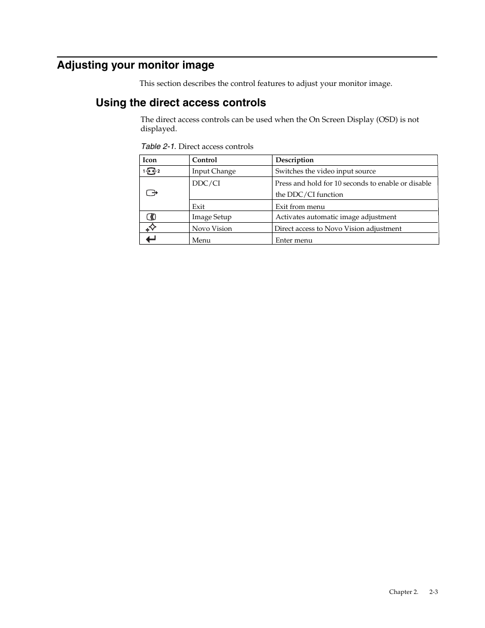 Adjusting your monitor image, Using the direct access controls | Lenovo LI2063 Wide Flat Panel Monitor User Manual | Page 12 / 27