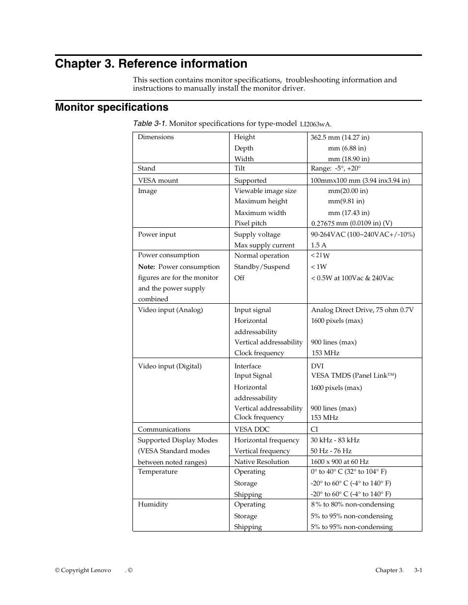 Chapter 3. reference information, Monitor specifications | Lenovo LI2063 Wide Flat Panel Monitor User Manual | Page 19 / 27