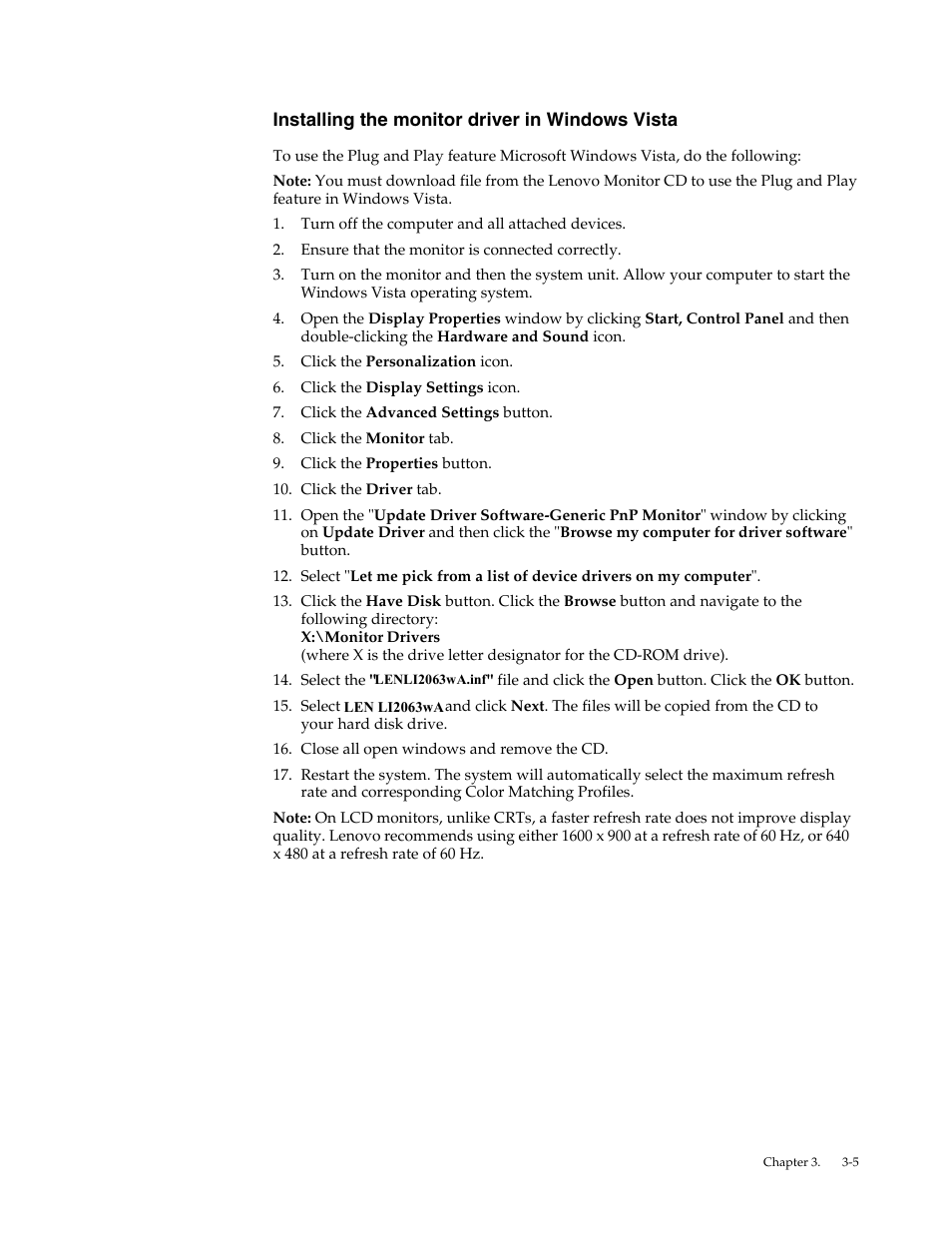 Installing the monitor driver in windows vista | Lenovo LI2063 Wide Flat Panel Monitor User Manual | Page 23 / 27