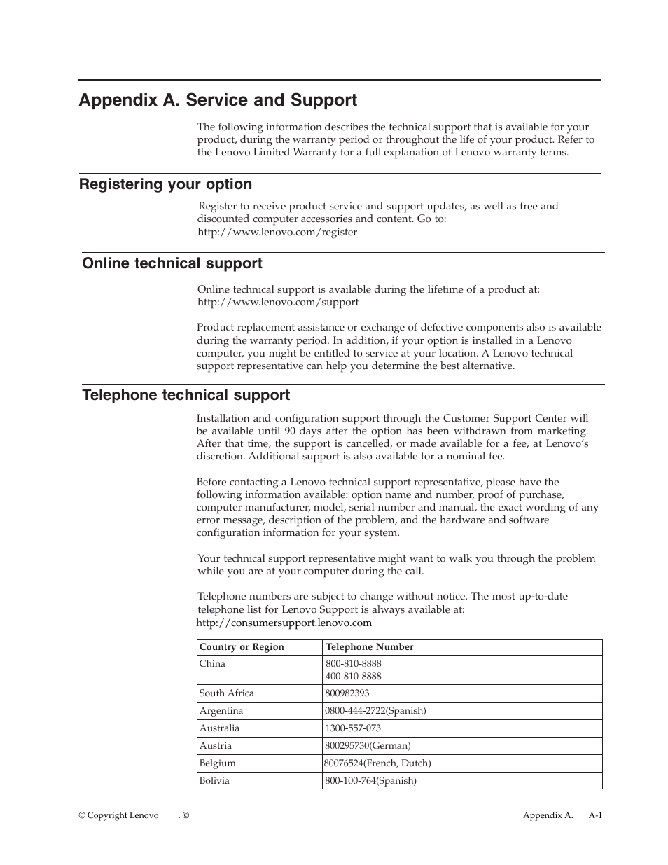 Appendix a. service and support, Registering your option, Online technical support | Telephone technical support, Service and, Support,” on, Appendix, Service, Support, Registering | Lenovo LI2063 Wide Flat Panel Monitor User Manual | Page 25 / 27