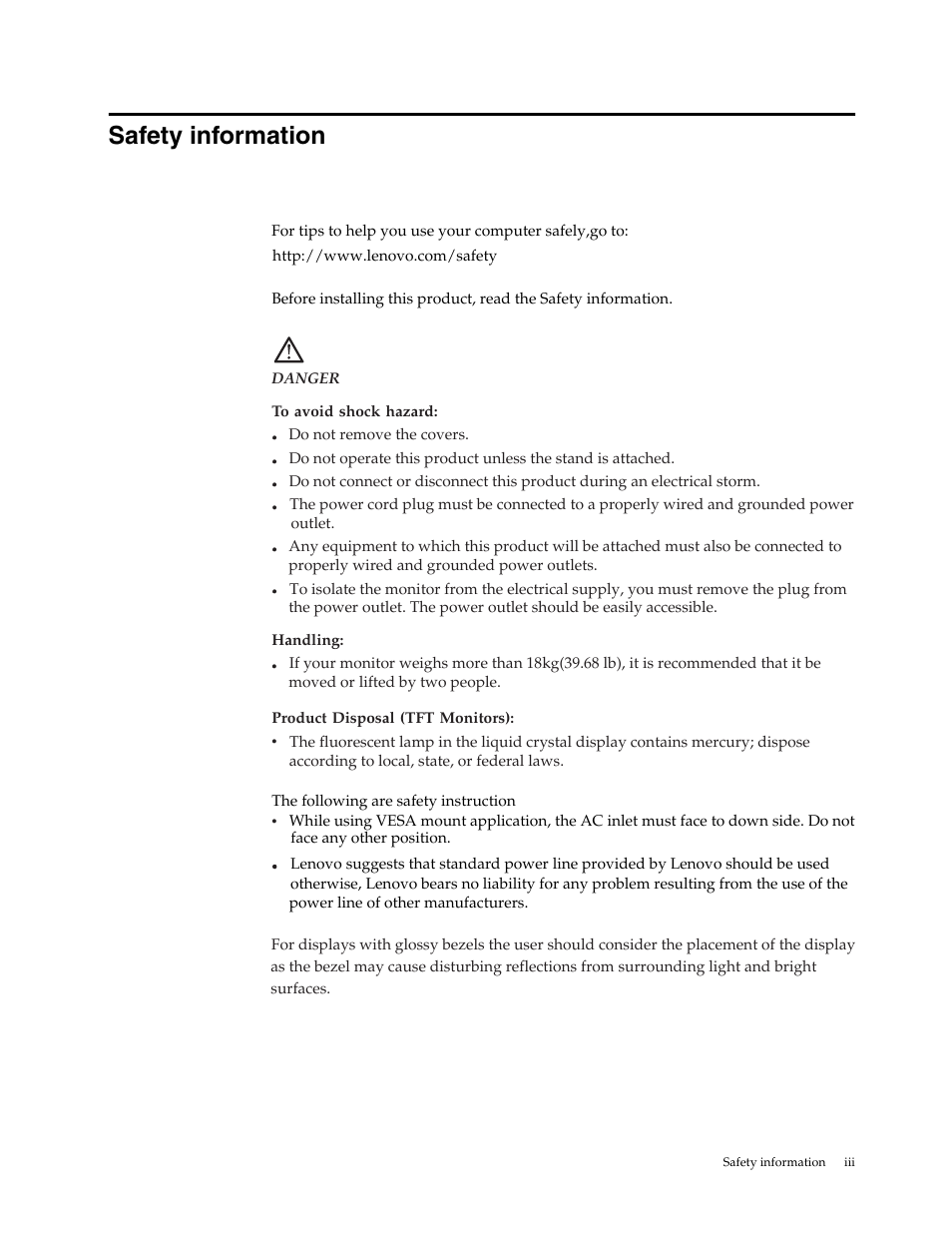 Safety information, General safety guidelines | Lenovo LI2063 Wide Flat Panel Monitor User Manual | Page 4 / 27