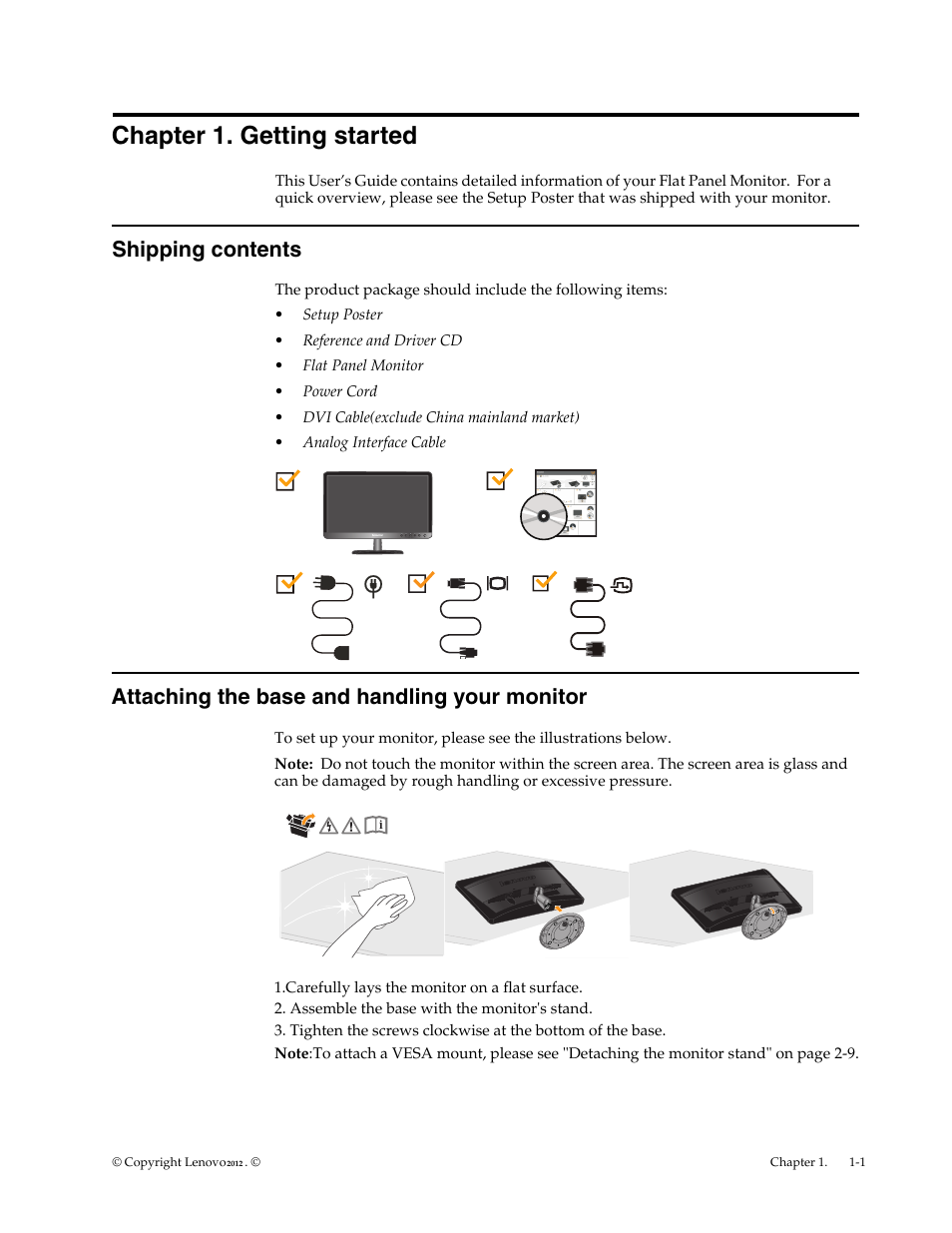 Chapter 1. getting started, Shipping contents, Attaching the base and handling your monitor | Chapter1. getting started | Lenovo LI2063 Wide Flat Panel Monitor User Manual | Page 5 / 27