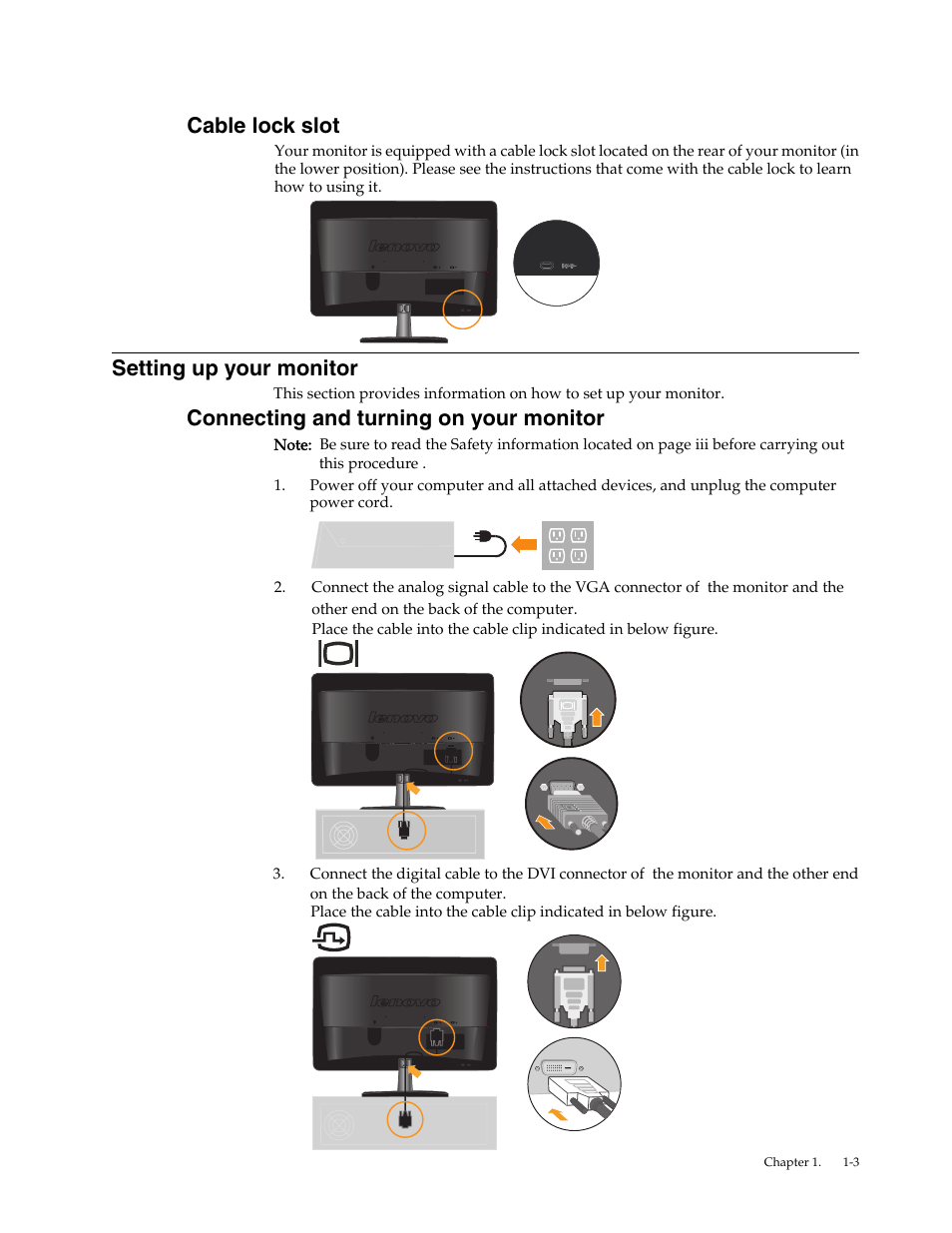 Cable lock slot, Setting up your monitor, Connecting and turning on your monitor | Cable lock slot setting up your monitor | Lenovo LI2063 Wide Flat Panel Monitor User Manual | Page 7 / 27