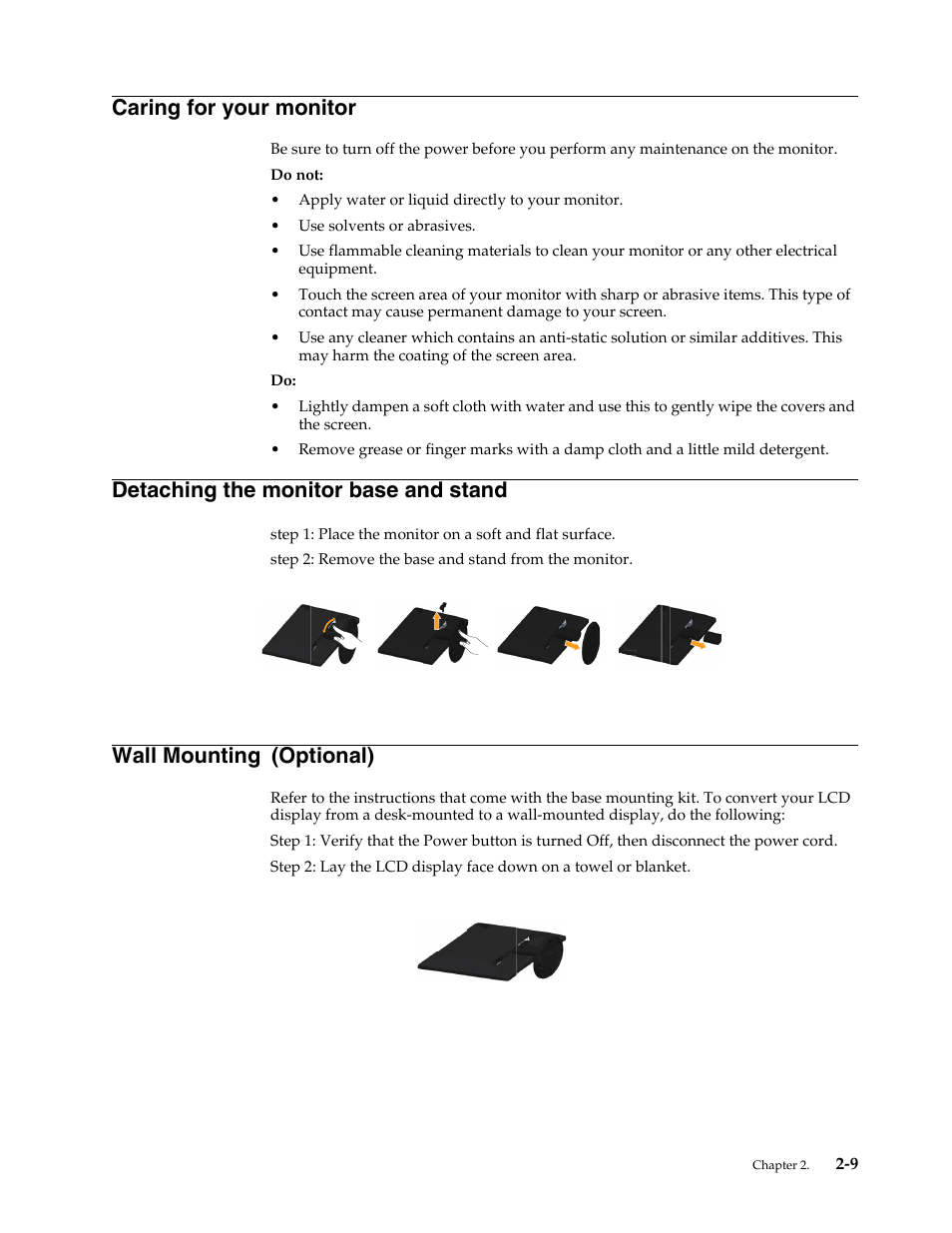 Caring for your monitor, Detaching the monitor base and stand, Wall mounting (optional) | Caring for your monitor -9, Detaching the monitor base and stand -9, Wall mounting | Lenovo LI2031 Wide Flat Panel Monitor User Manual | Page 19 / 30