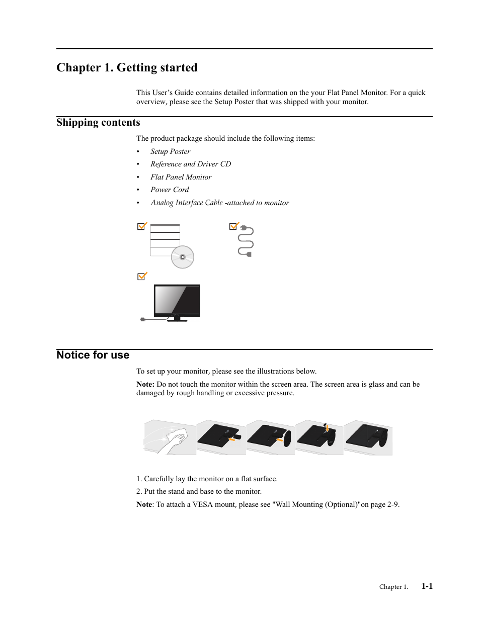 Chapter 1. getting started, Shipping contents, Notice for use | Chapter 1. getting, Shipping contents -1, Notice for use -1 | Lenovo LI2031 Wide Flat Panel Monitor User Manual | Page 5 / 30