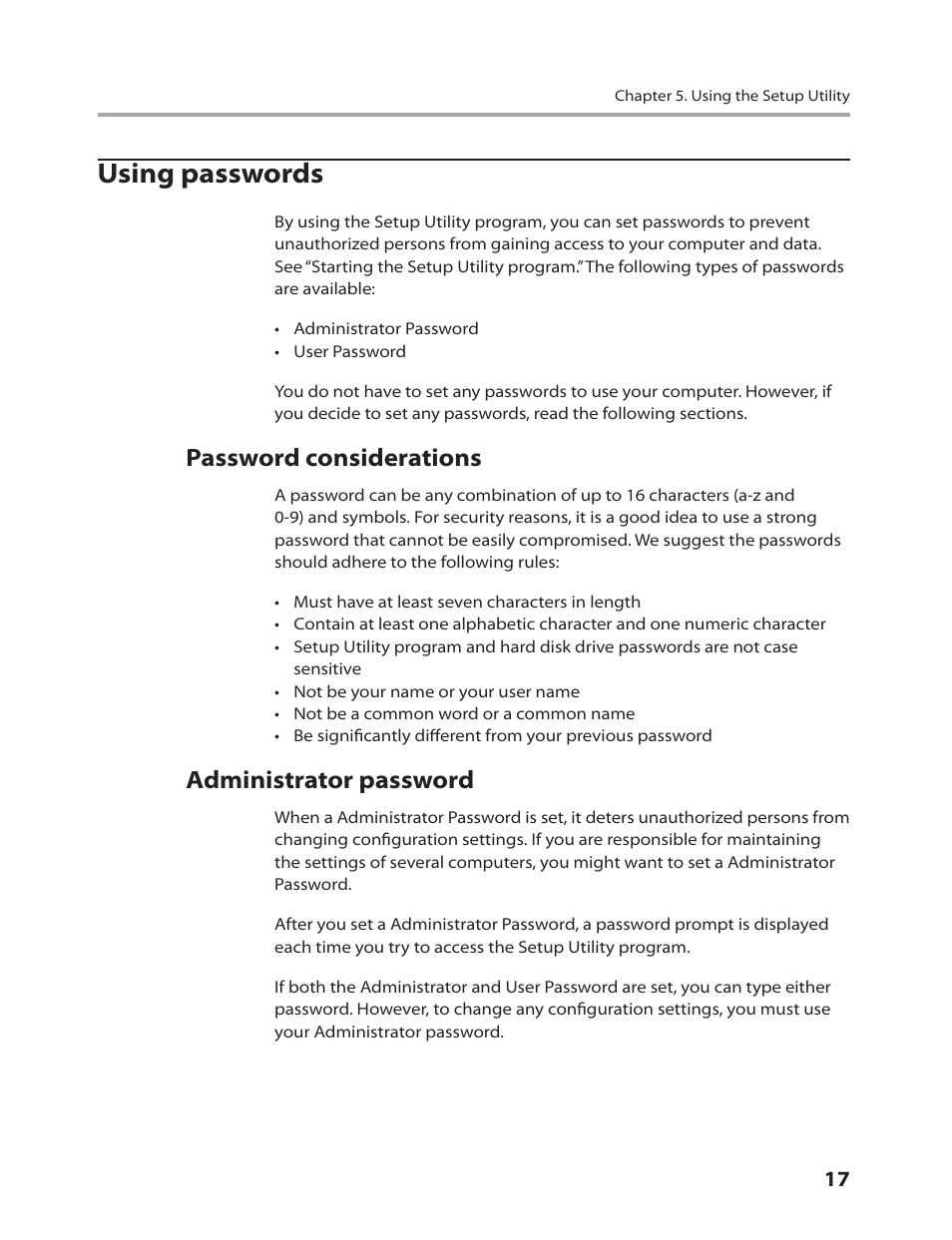 Using passwords, Password considerations, Administrator password | Lenovo 3000 C100 All-In-One User Manual | Page 19 / 52