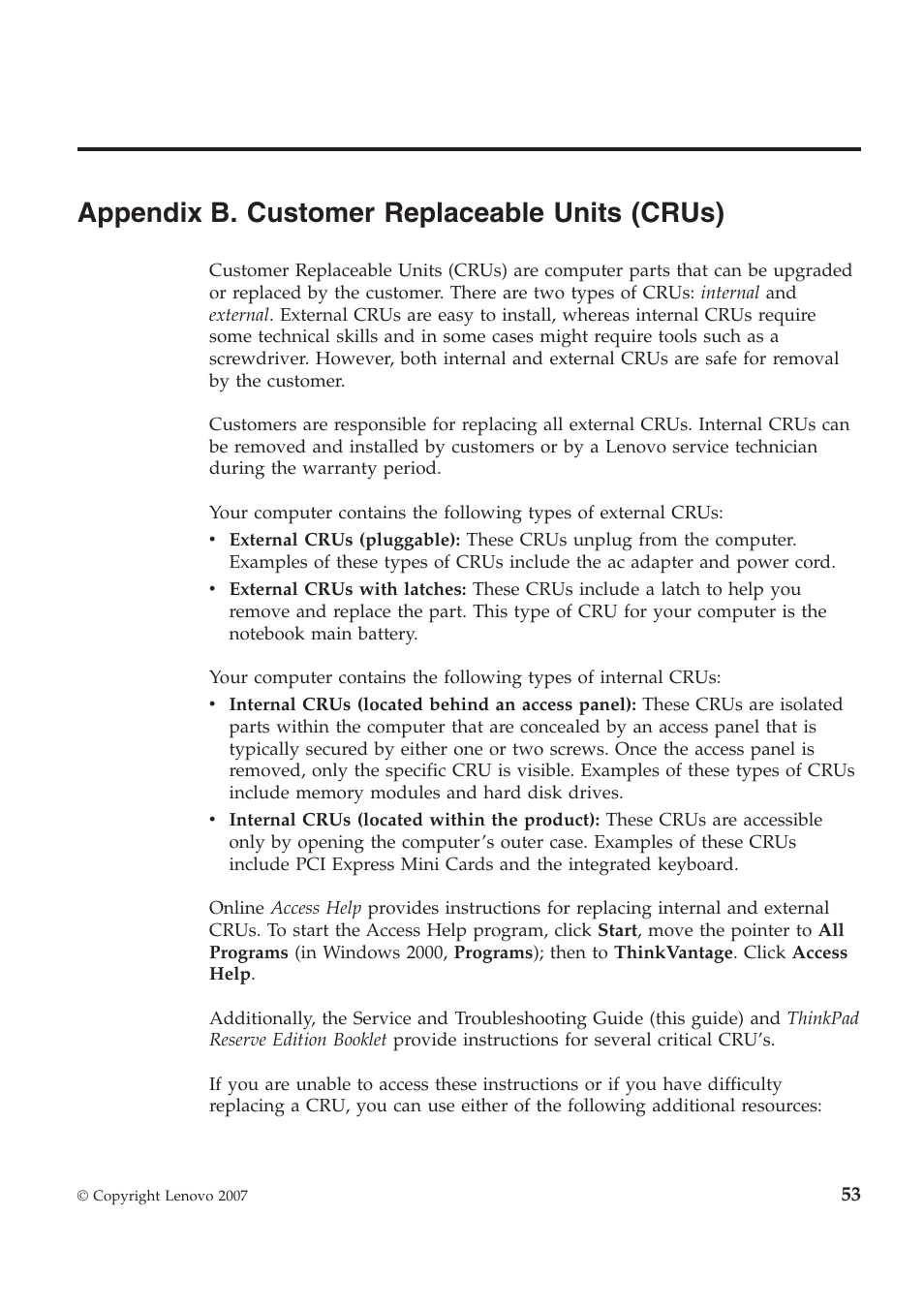 Appendix b. customer replaceable units (crus) | Lenovo ThinkPad Reserve Edition User Manual | Page 63 / 80